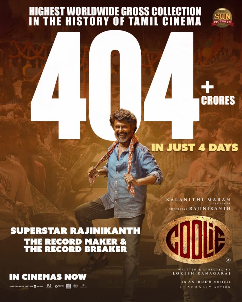 కూలీ' ప్రపంచవ్యాప్తంగా నాలుగు రోజుల్లో ₹404 కోట్లు వసూలు