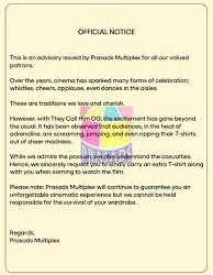 ‘OG’ సినిమా ప్రదర్శనలలో అభిమానుల ఉత్సాహం: ప్రసాద్ మల్టీప్లెక్స్ అదనపు టీ-షర్టు తీసుకురావాలని సూచన