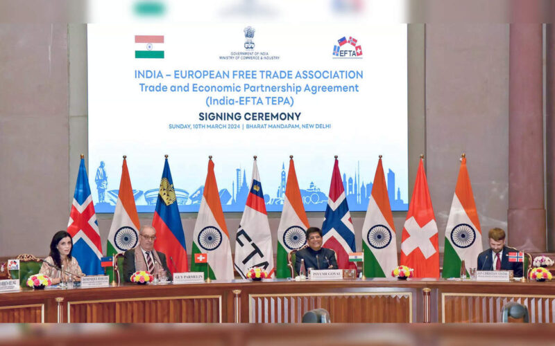 India's trade pact with the EFTA bloc, aiming for $100 billion in investment over 15 years, will take effect on October 1.