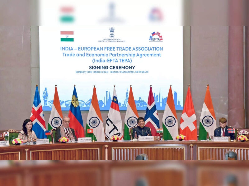 India's trade pact with the EFTA bloc, aiming for $100 billion in investment over 15 years, will take effect on October 1.